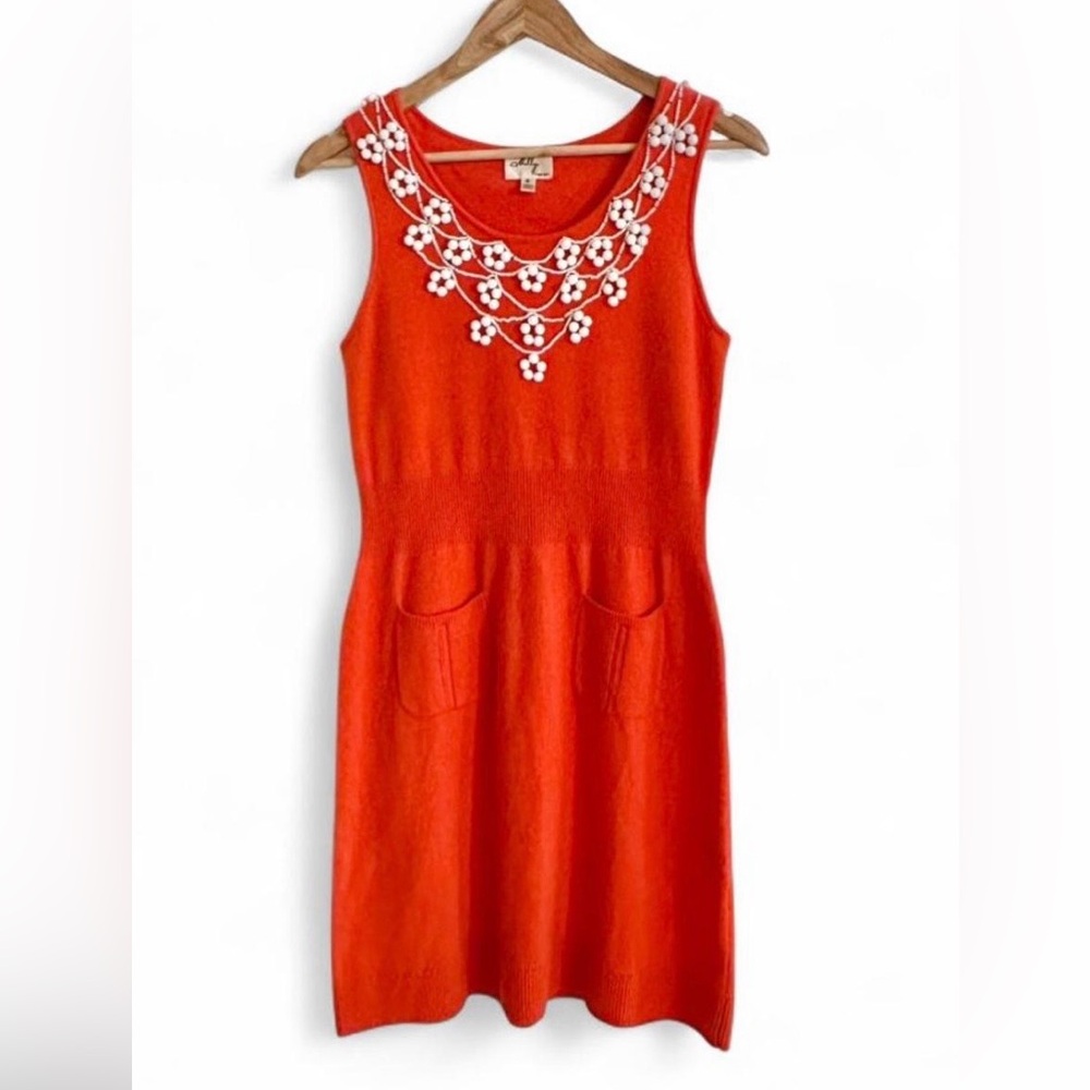 Milly 100% Cashmere Beaded Sweater Dress Red Orange Knit Mini Cocktail Size S - Picture 3 of 7